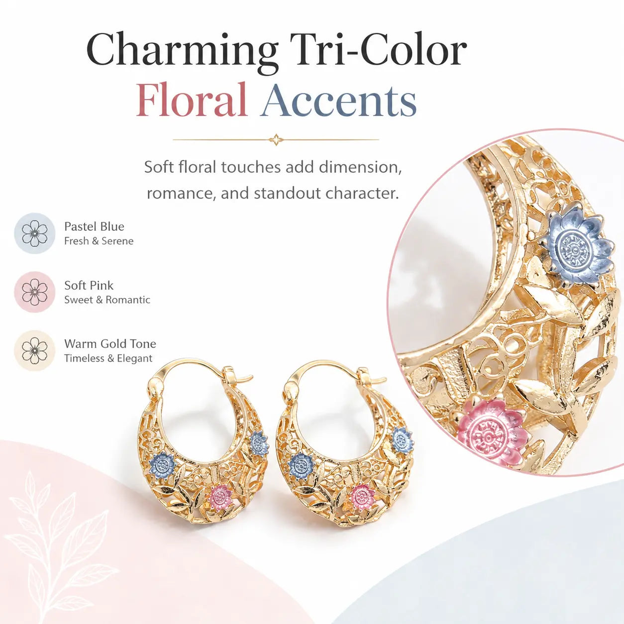 Carved Leaf Hoop Earrings — open hoop with engraved leaf and flower detail