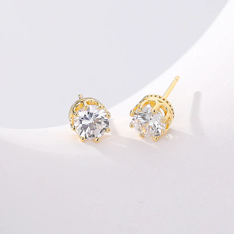 Crown Design Stud Earrings for Women - 1 Carat Cubic Zirconia, Crafted in 925 Sterling Silver with 18K Gold Plating