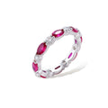 Platinum-plated eternity ring with alternating oval ruby and round clear stones in continuous band setting