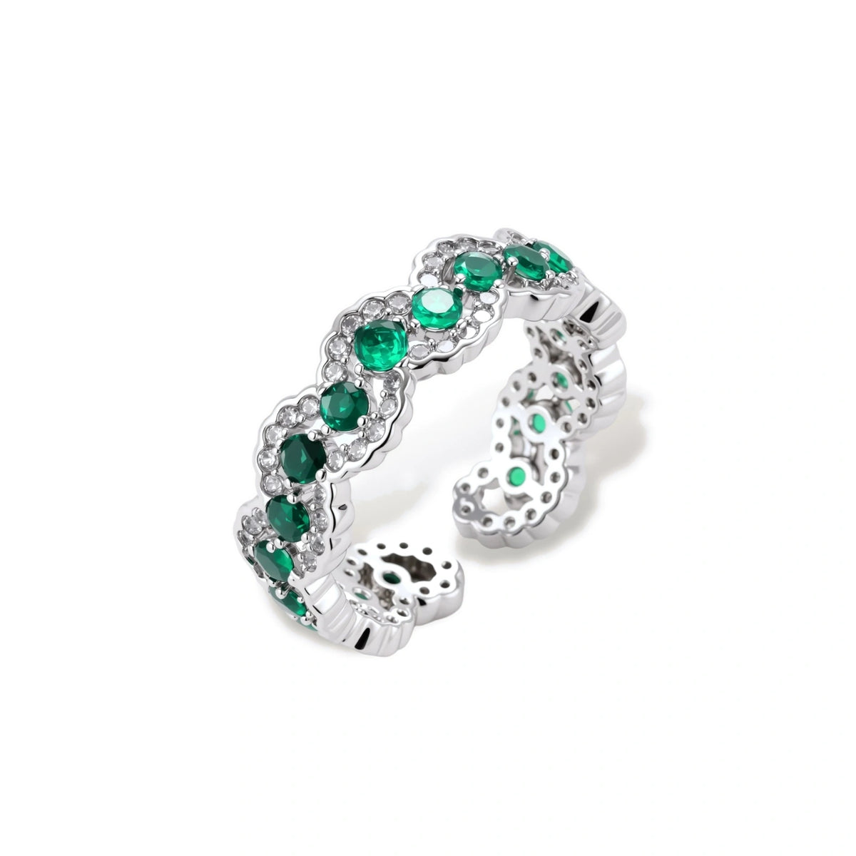 Green Zirconia Wave Ring – White Gold-Plated