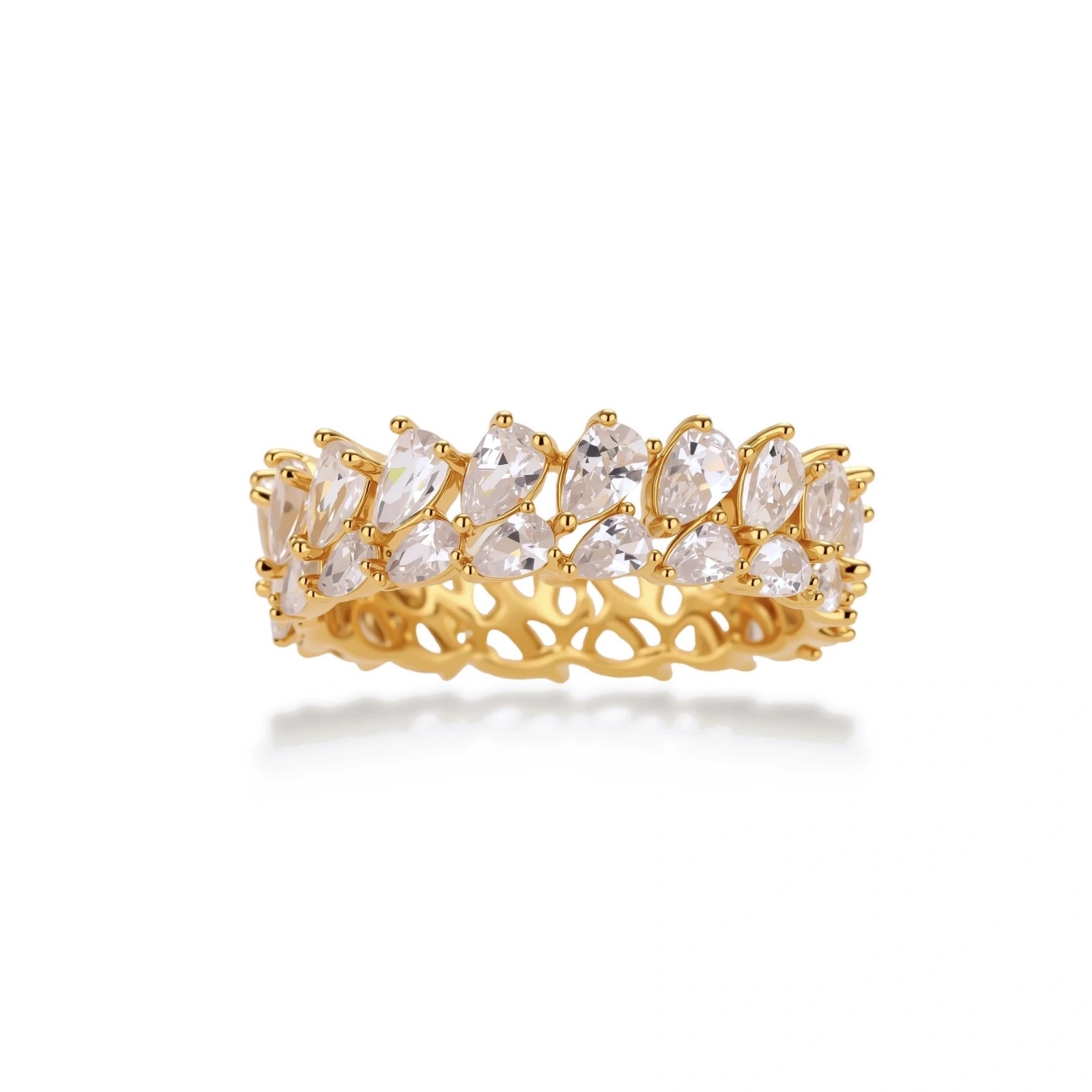 Adjustable gold-plated ring with double-row pear-shaped cubic zirconia stones in geometric pattern on cream background.