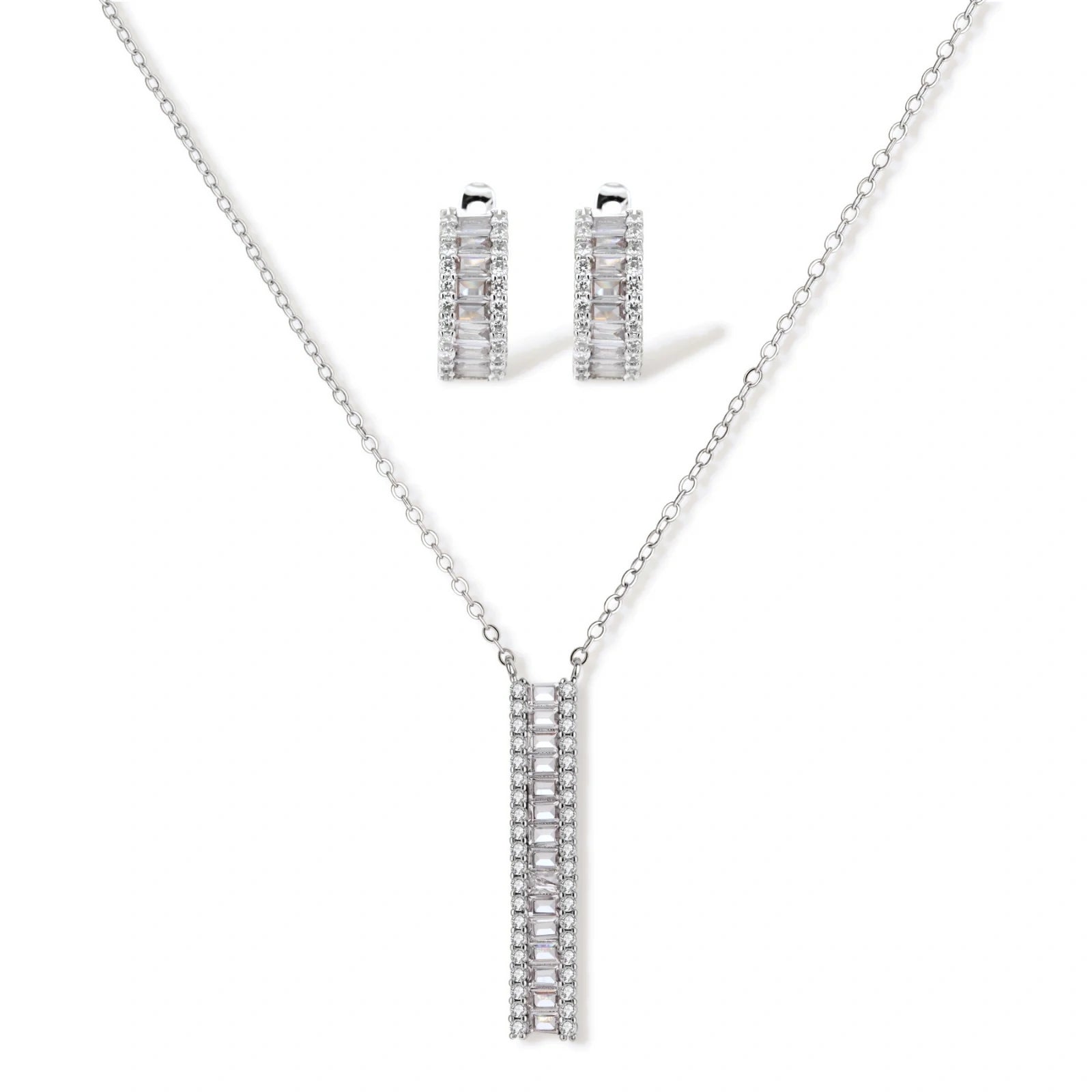 White gold plated necklace with vertical cubic zirconia pendant and matching hoop earrings on neutral background