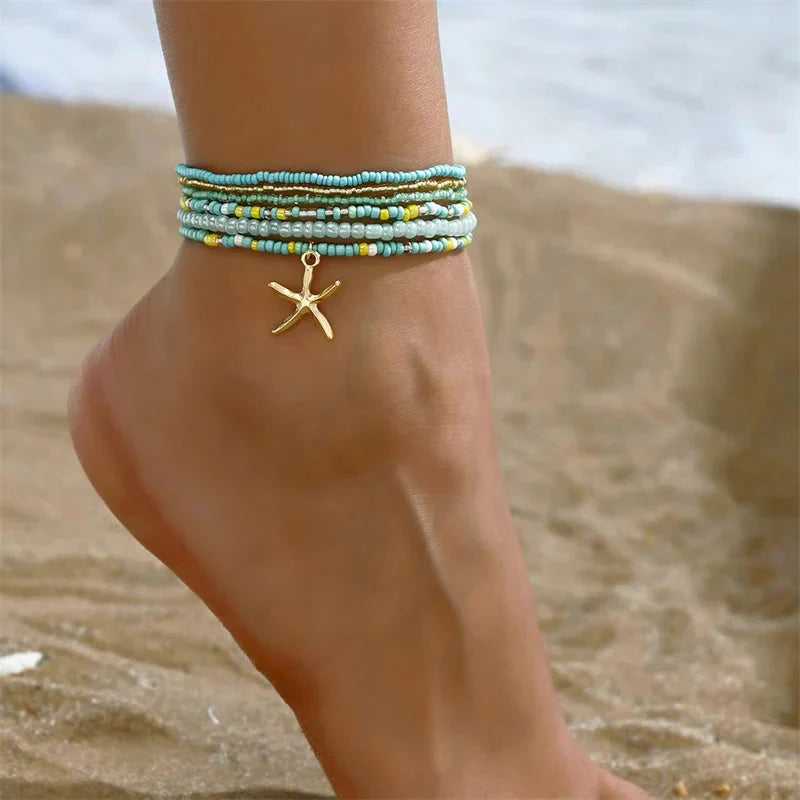 Bohemia Multilayer Rice Bead Anklet Set with Starfish Pendant for Women - Summer Beach Ankle Jewelry