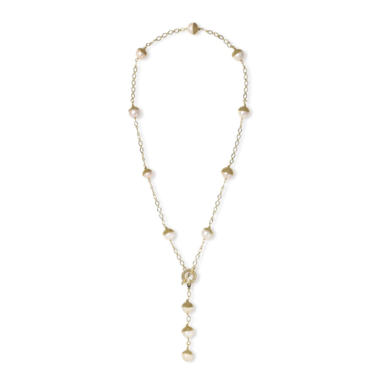 Gold-plated lariat necklace with baroque pearls and textured caps on cream background, showing adjustable Y-shaped design.