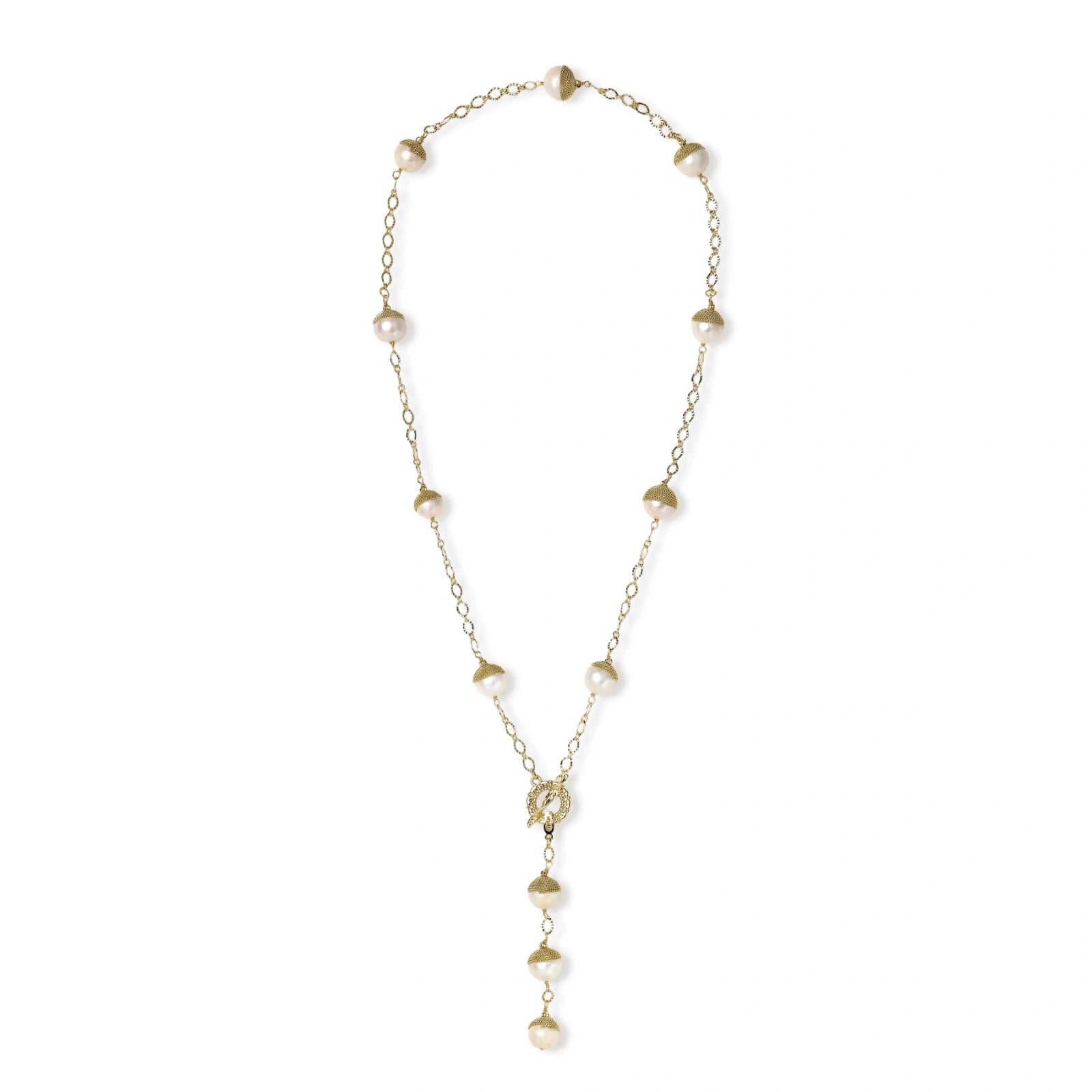 Gold-plated lariat necklace with baroque pearls and textured caps on cream background, showing adjustable Y-shaped design.