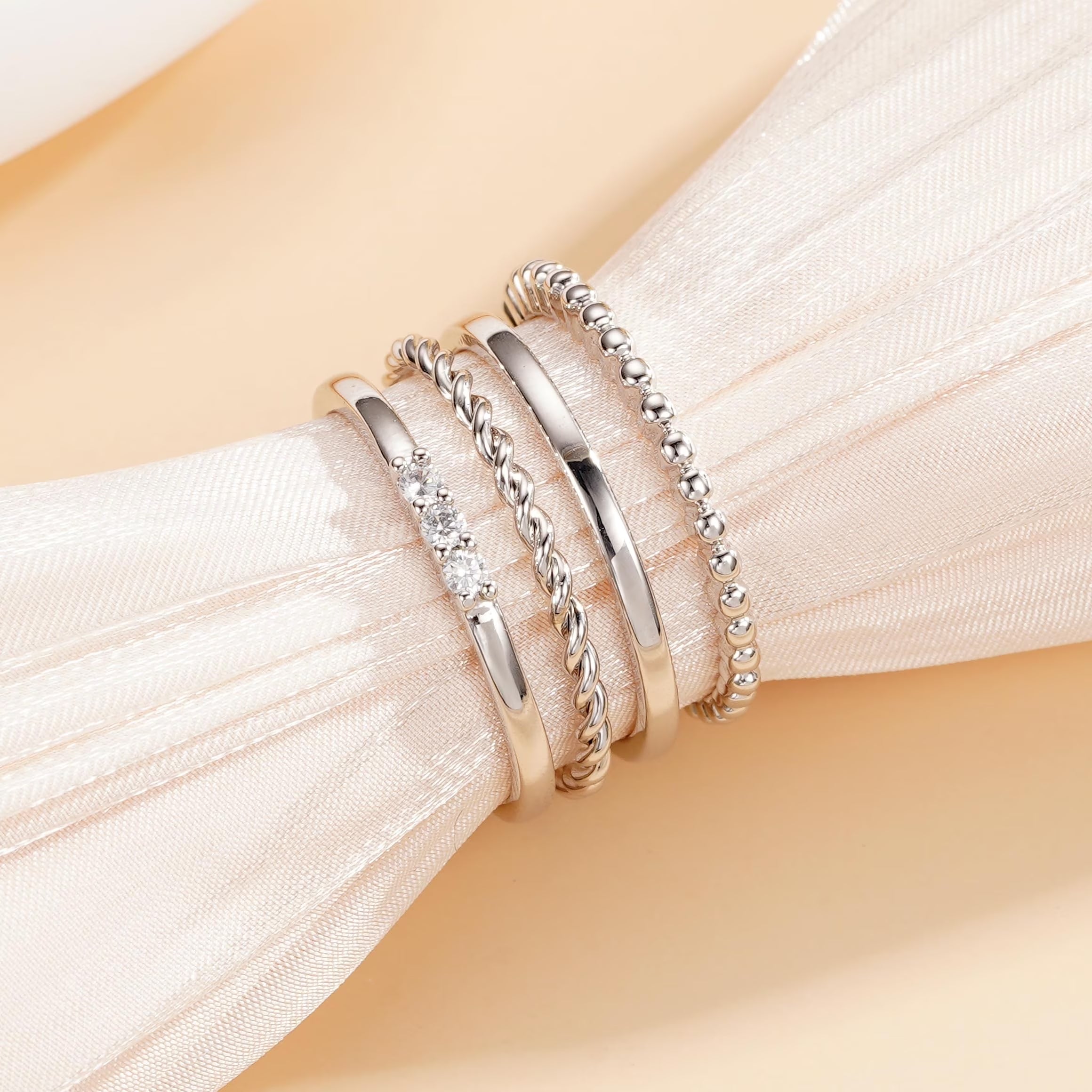 4PCS S925 Sterling Silver Plated Rings for Women Non Tarnish Fashion CZ Thumb Pinky Stackable Ring Set Birthday Graduation Mothers Day Jewelry Gifts Her Teen Girlfriend Ideas Size 6/7/8/9/10