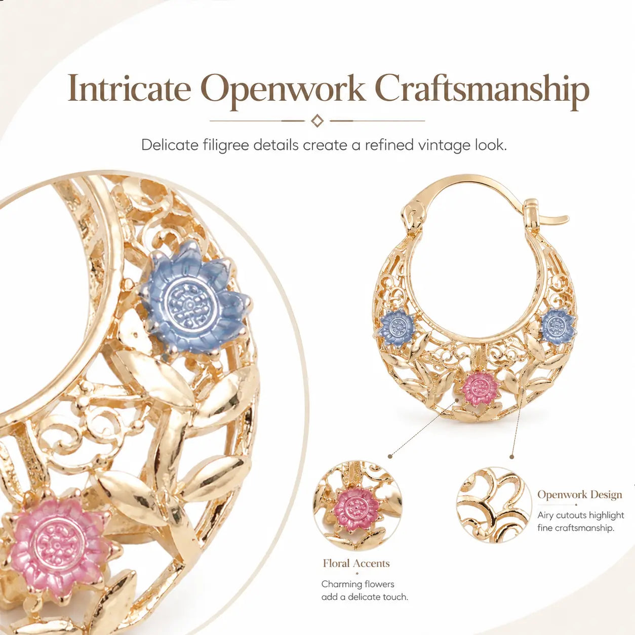 Carved Leaf Hoop Earrings — open hoop with engraved leaf and flower detail