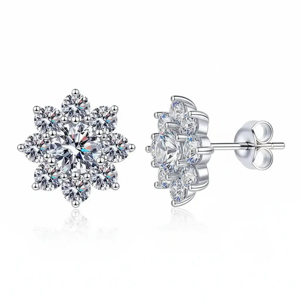 Moissanite Snowflake Sunflower Earrings in 925 Silver – Elegant Floral Studs Gift for Women