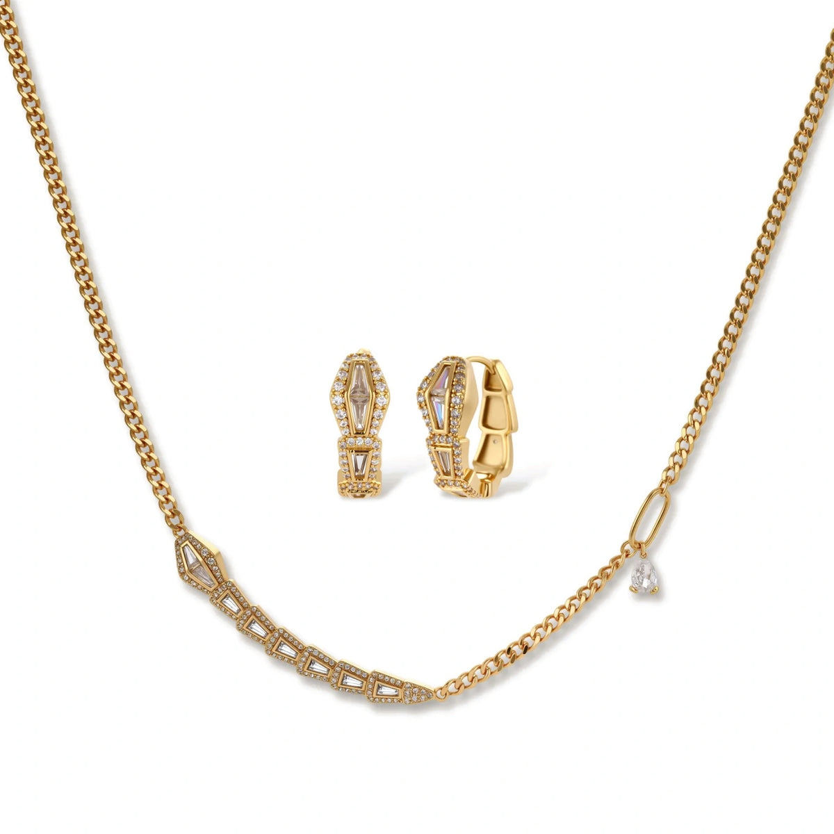 Baguette Zirconia Pendant & Huggie Earring Set – 14K Gold-Plated