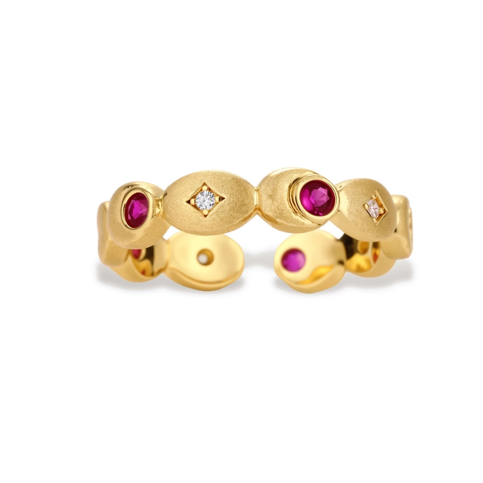 Gold-plated adjustable ring featuring alternating red and clear zircon stones set in geometric oval elements