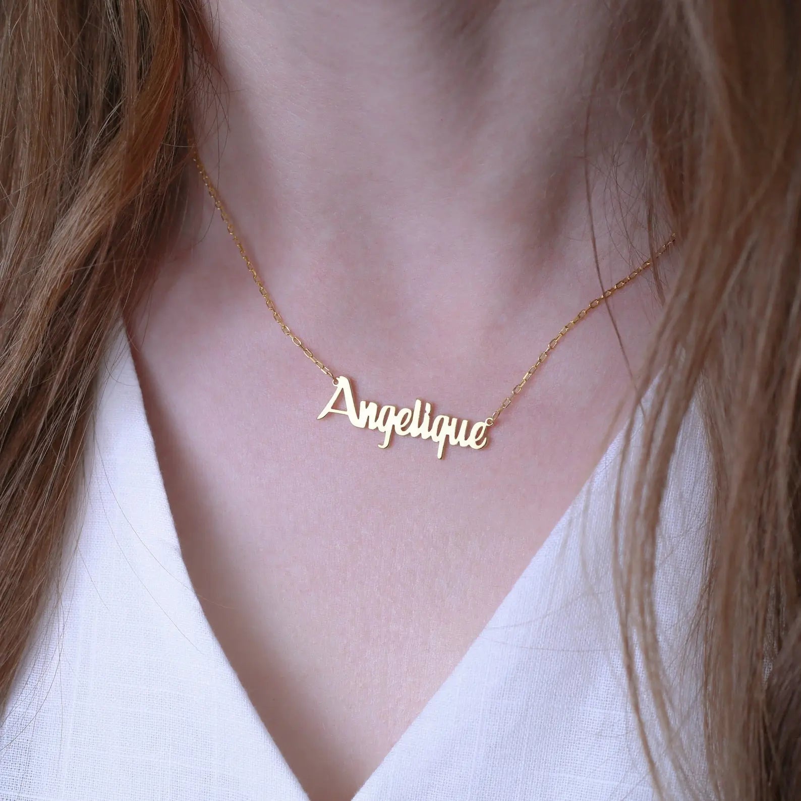 Personalized Name Necklace — custom name script pendant on gold chain