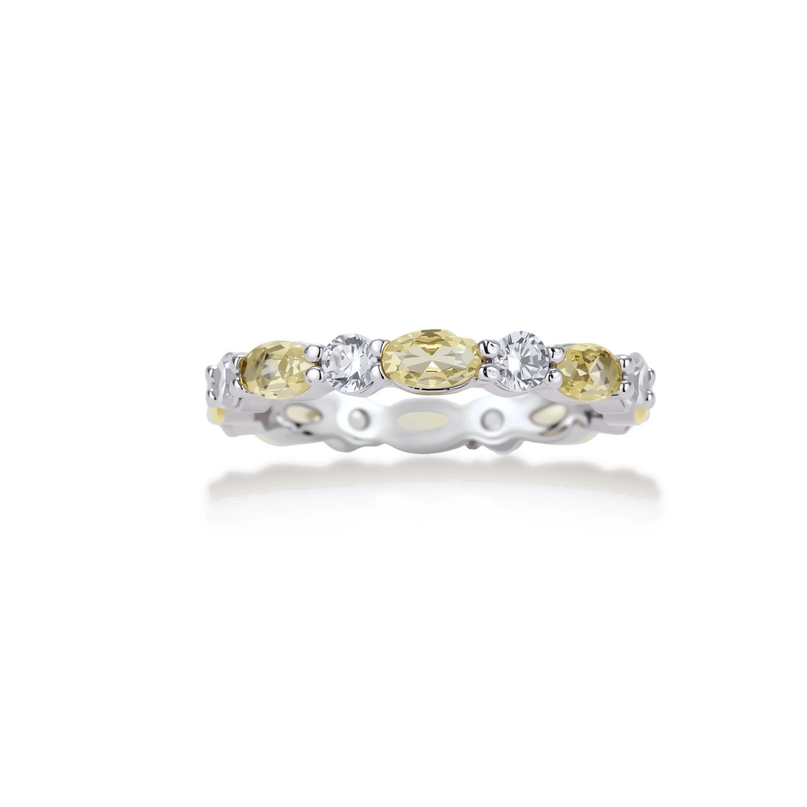 Platinum-plated copper ring with alternating clear and pale yellow oval stones in an eternity band design on white background.