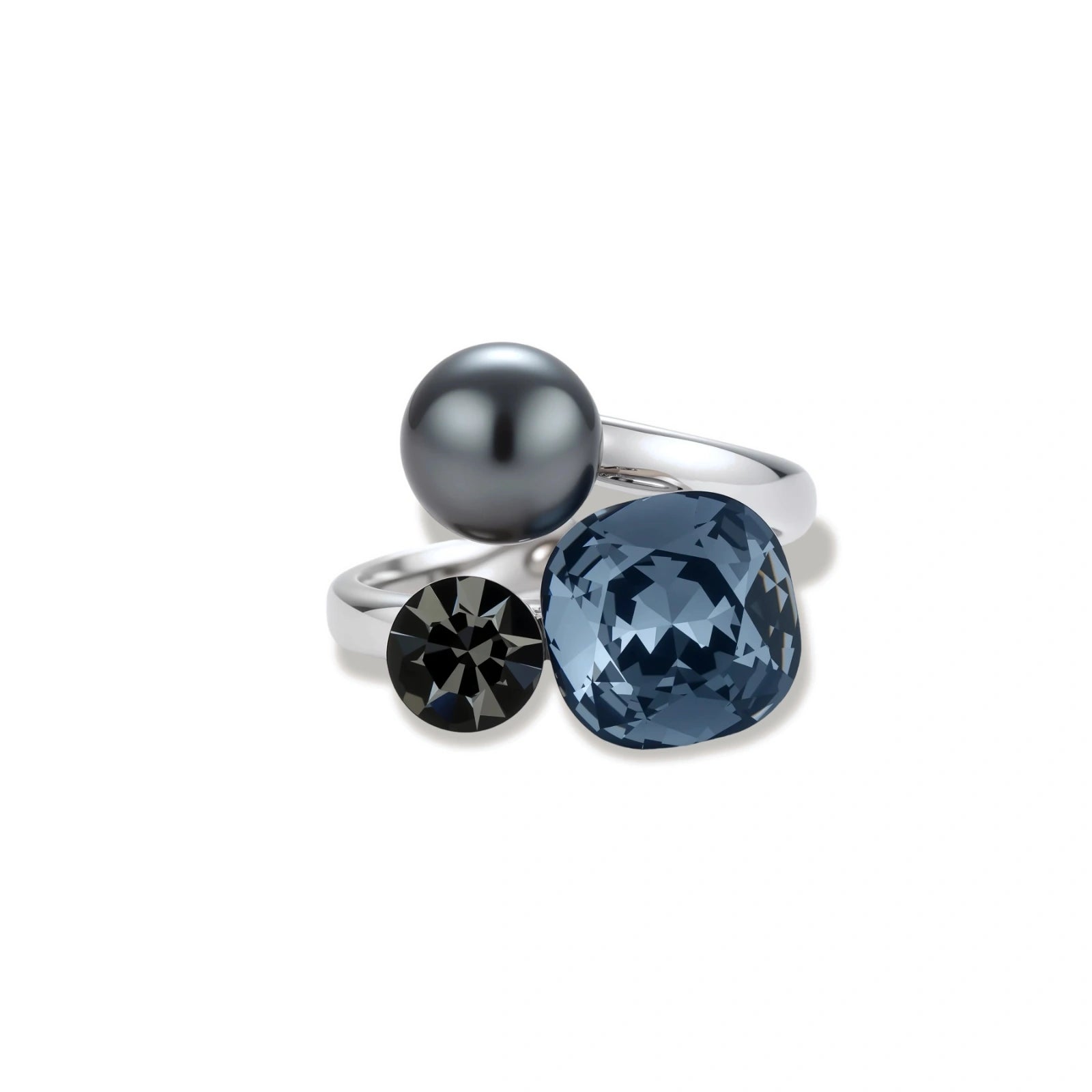 Adjustable ring with blue cushion-cut zirconia, gray pearl, and dark crystal on platinum-plated copper band against beige background.