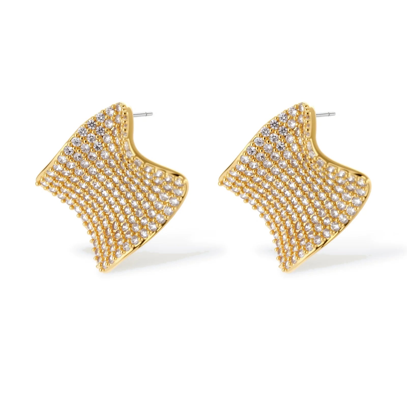 Gold-plated wavy jewelry set with crystal detailing featuring necklace with dual chains and matching textured earrings