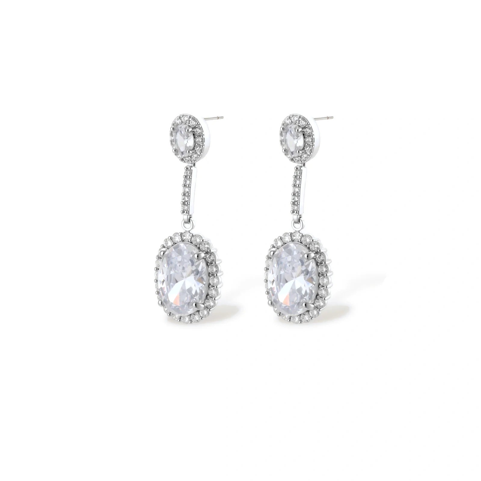 Elegant white gold plated jewelry set with oval cubic zirconia stones in halo settings, featuring Y-necklace and drop earrings.