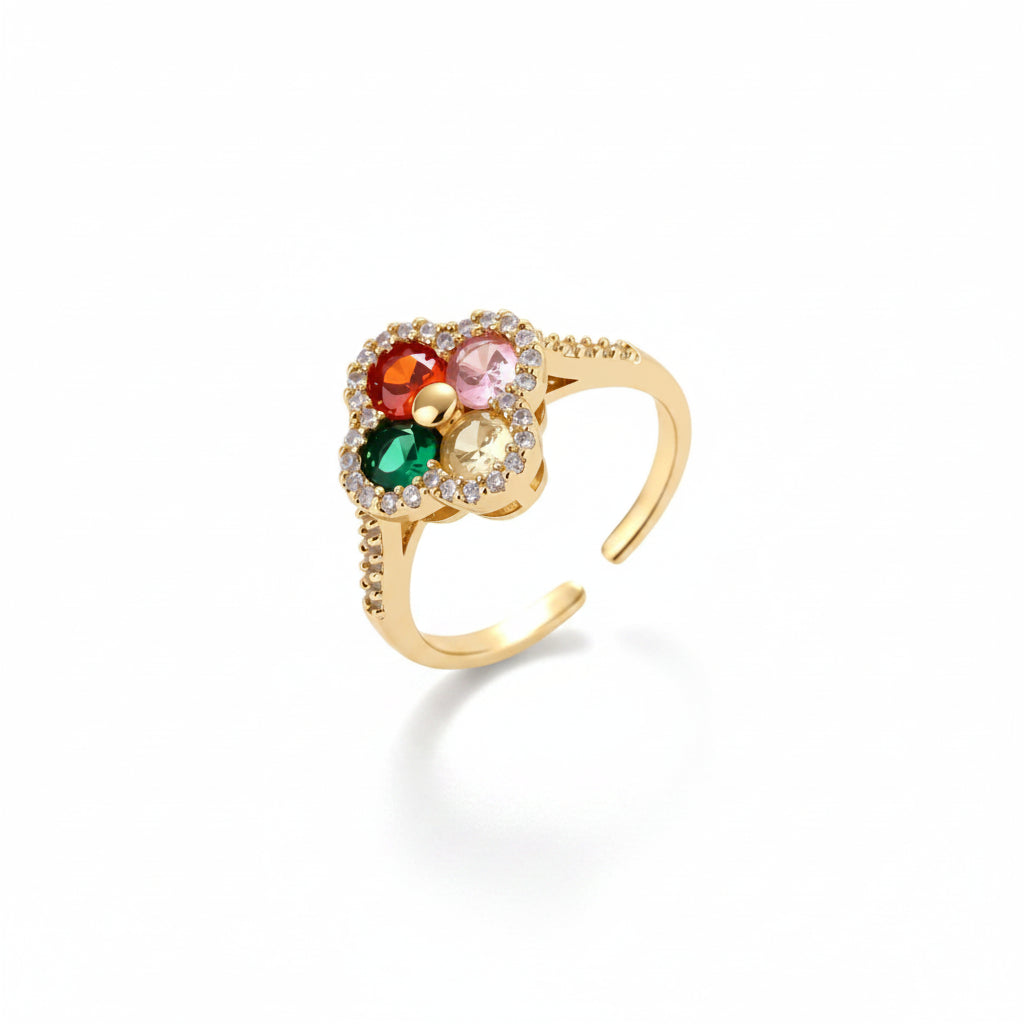 Gold-plated clover jewelry set with red, pink, green and champagne CZ stones surrounded by crystal borders