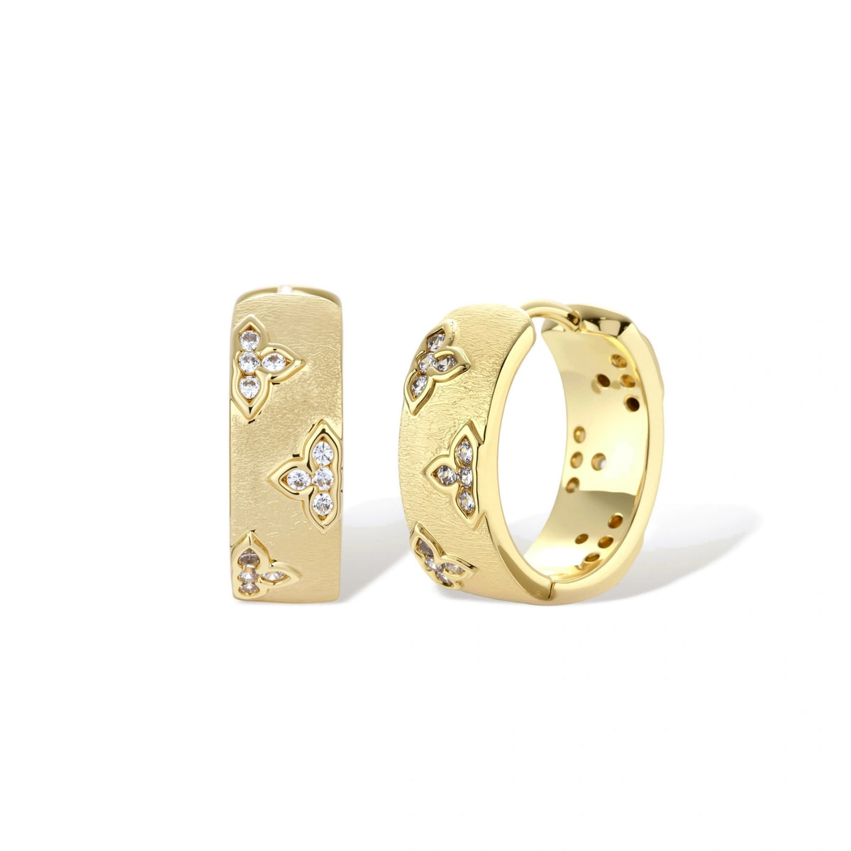 Floral Zirconia Huggie Hoop Earrings – 14K Gold-Plated